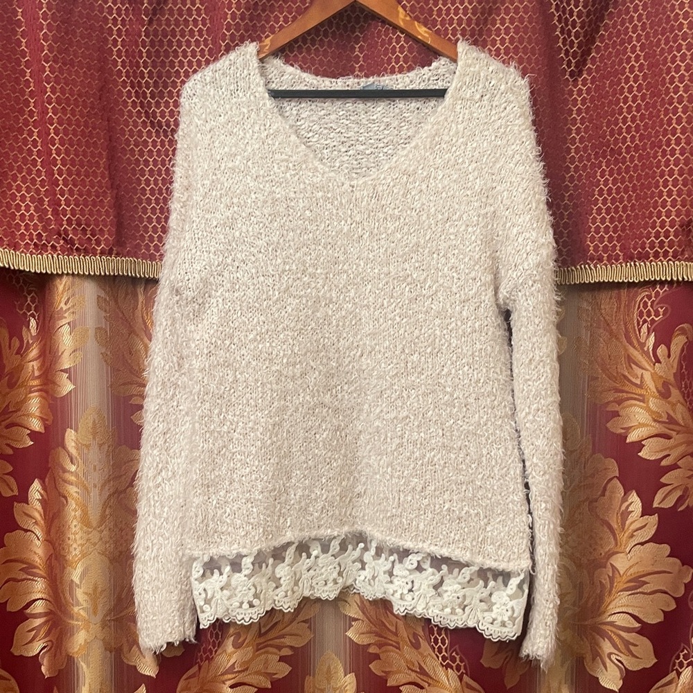 Olivia Sky Cream V-Neck Sweater with Lace Detail